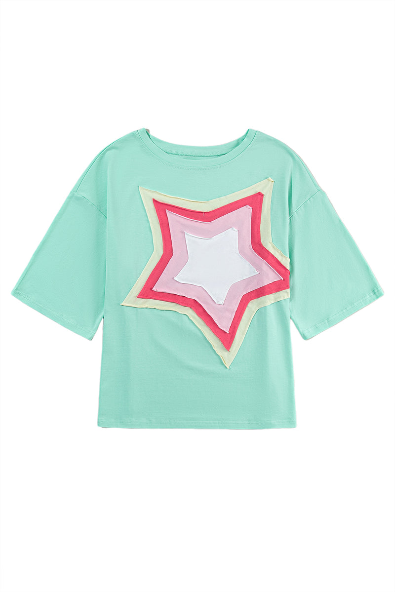 Moonlight Jade Colorblock Star Patched Half Sleeve Oversized Tee