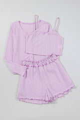 Orchid Petal Delicate Texture Cropped Cami Shorts and Cardigan 3pcs Lounge Set