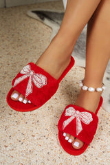 Fiery Red Pearl Rhinestone Embellished Bow Open Toe Plush Slippers