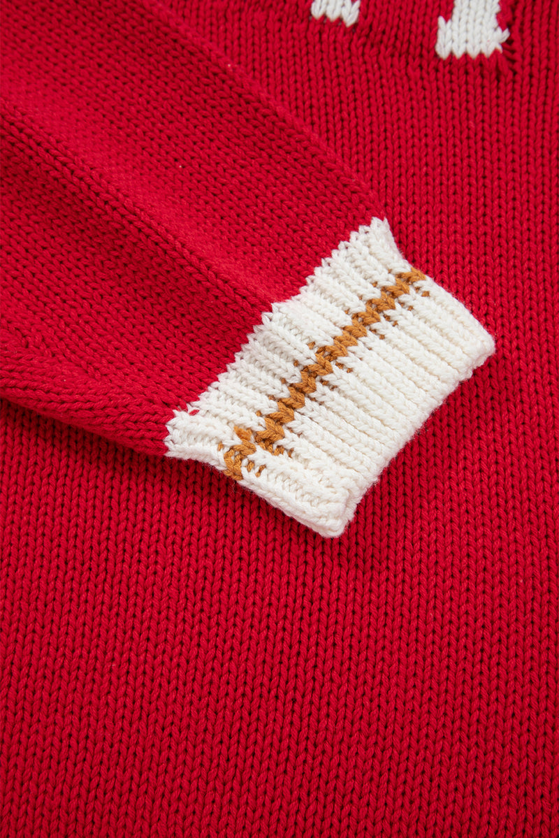 Fiery Red MERRY Pattern Colorblock Edge Drop Shoulder Cozy Sweater