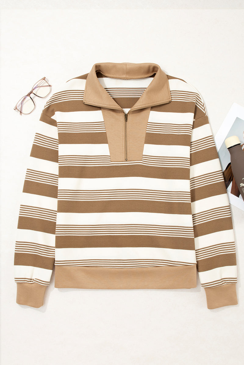 Khaki Striped Zipper Collar Pullover Sweatshirt