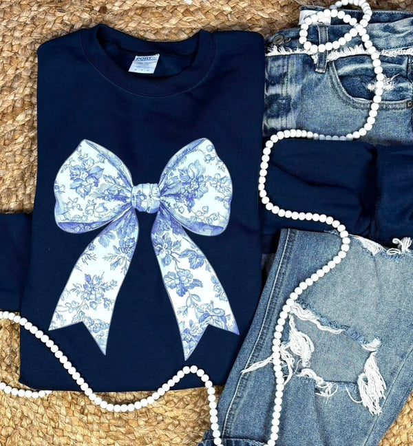 Blue Floral Bow on Navy sweatshirt or tee