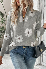 Khaki Vintage 60s Floral Pattern Half Zip Collar Drop Shoulder Sweater