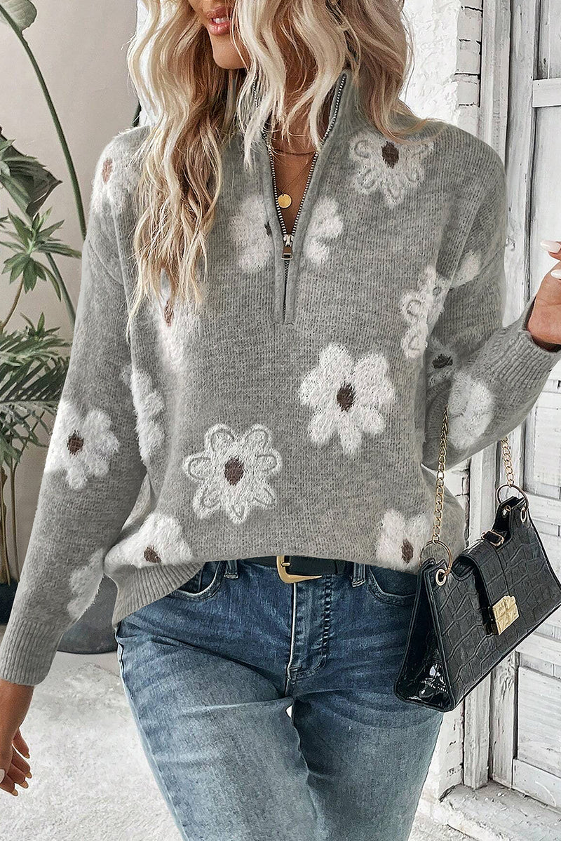 Khaki Vintage 60s Floral Pattern Half Zip Collar Drop Shoulder Sweater