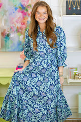 Brown Floral Printed Frilled V Neck Bracelet Sleeve Long Dress