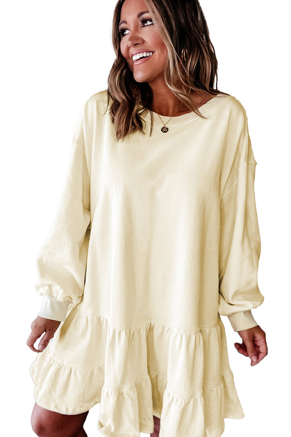 Beige Double Tiered Ruffle Hem Long Sleeve Loose Mini Dress