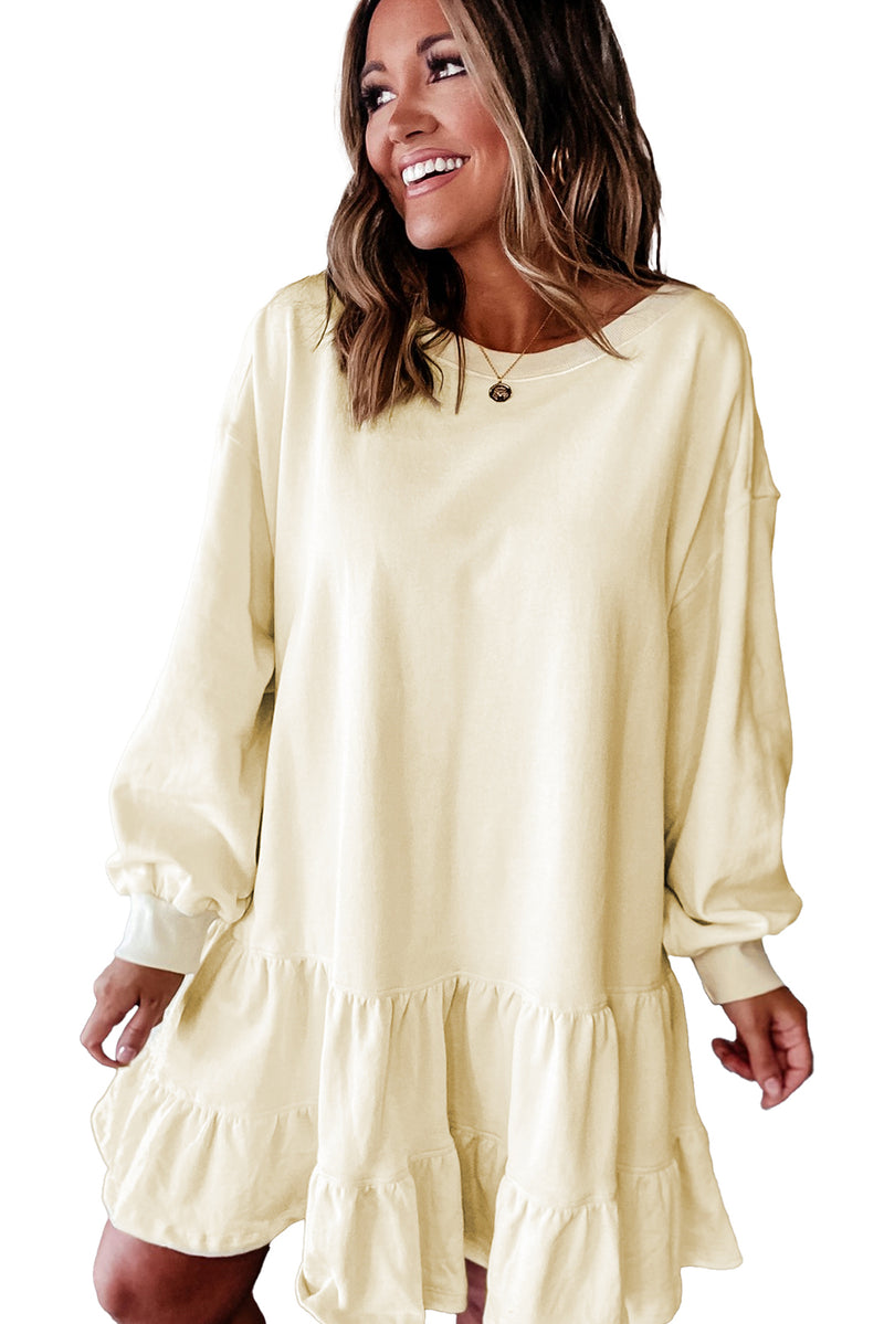 Beige Double Tiered Ruffle Hem Long Sleeve Loose Mini Dress