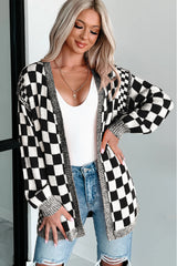 Brown Checkered Open Front Drop Shoulder Cardigan