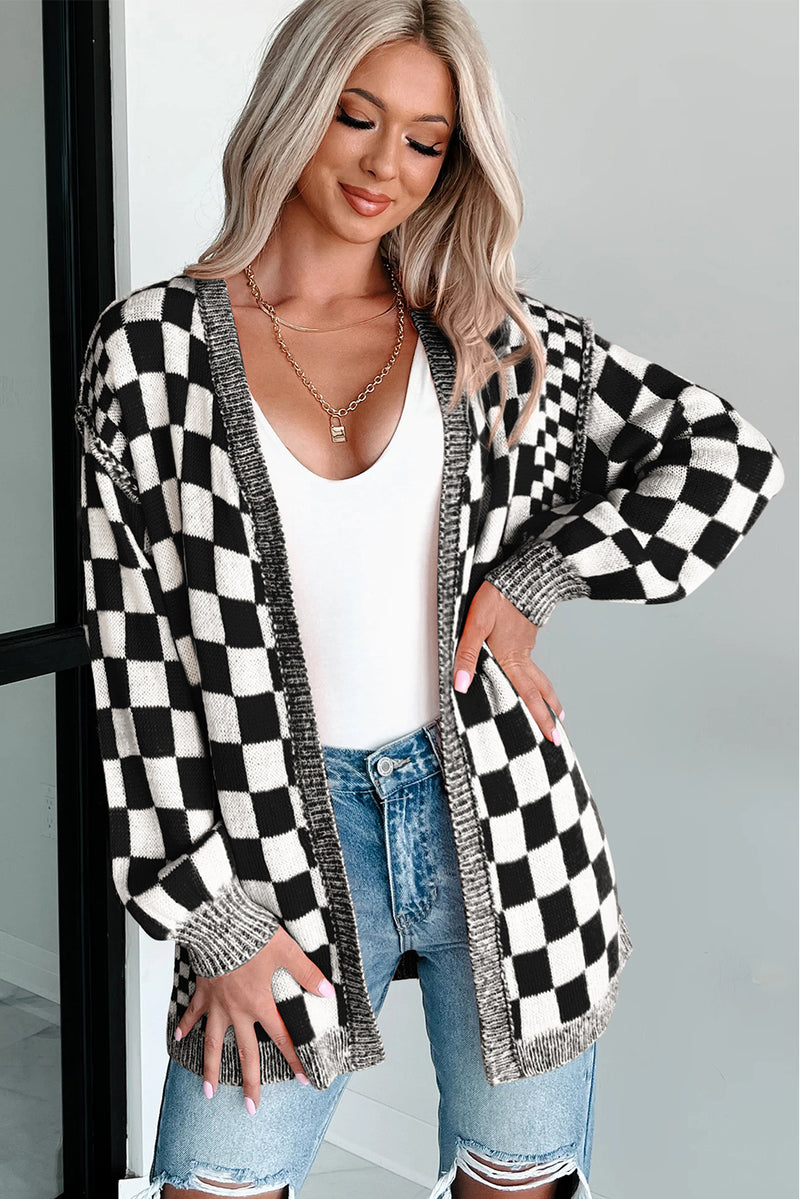 Brown Checkered Open Front Drop Shoulder Cardigan