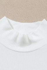 White Ribbed Knit High Neck Long Sleeve Top
