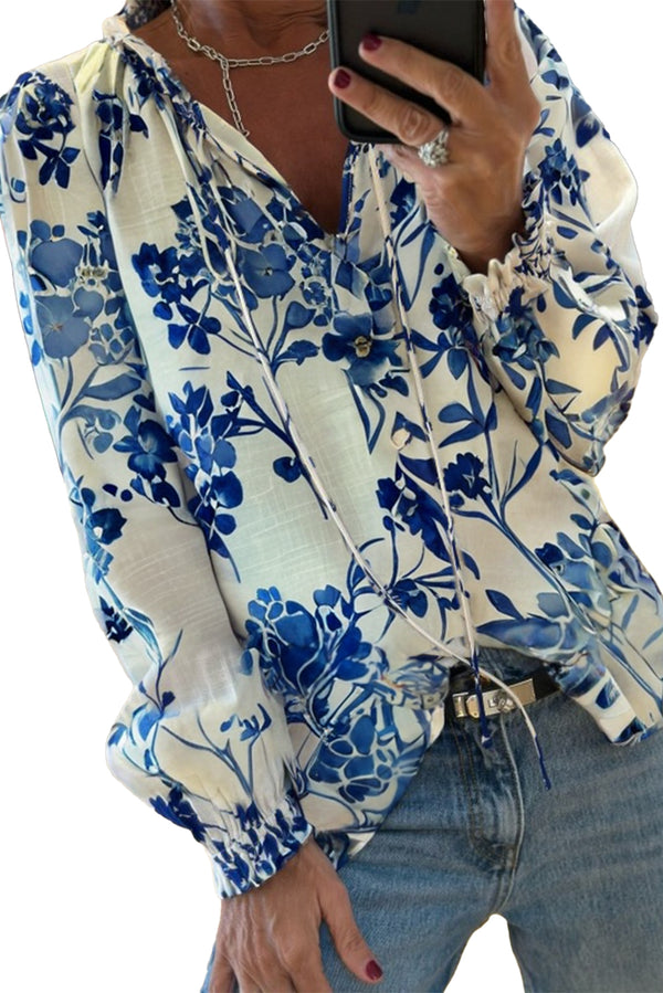 Blue Floral Long Sleeve Lace-up V Neck Blouse