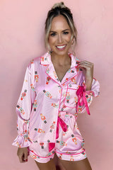 Pink Nutcracker Print Contrast Trim Bowknot Silk 2pcs Pajama Set