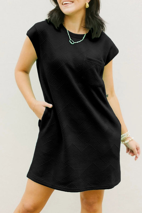 Black Plain Textured Pocketed Cap Sleeve Mini Dress