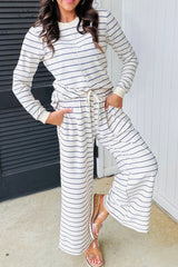 Sail Blue Striped Long Sleeve Pullover and Wide Leg Pants Set