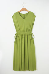 Fern Green Solid V Neck Cap Sleeve Tunic Elastic Waist Versatile Maxi Dress