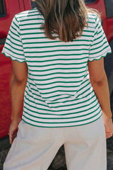 Green Stripe Scalloped Trim Round Neck T Shirt