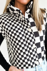 Brown Checkered Stand Collar Cropped Puffer Vest