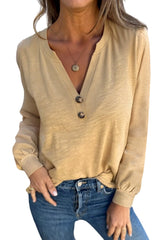 Mist Green Casual Button V Neck Long Sleeve T-Shirt