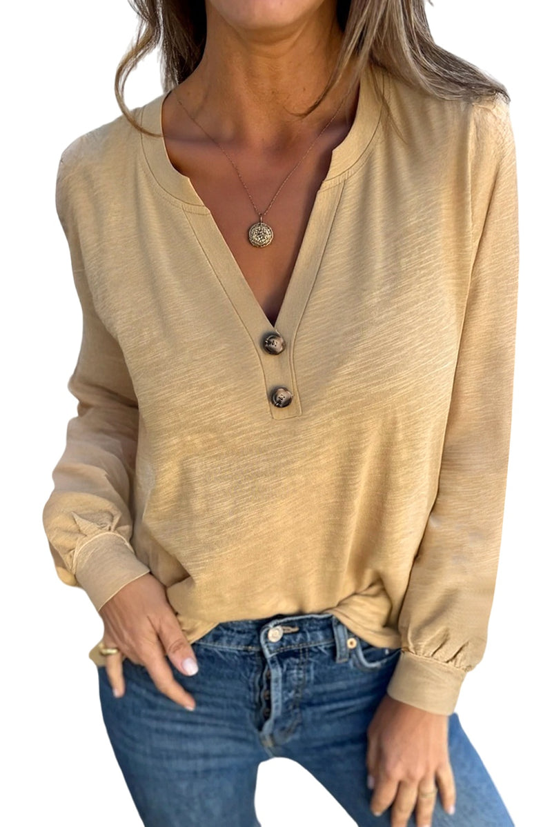 Mist Green Casual Button V Neck Long Sleeve T-Shirt