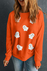 Black Sequin Halloween Ghost Patched Drop Shoulder Sweatshirt