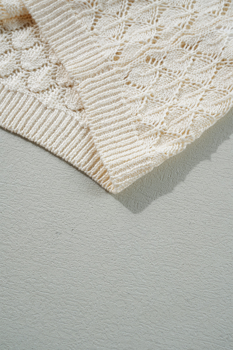 Beige Hollow Out Crochet Short Sleeve Knit Tee