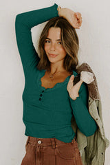 Beige Lace Neckline Button Decor Lettuce Edge Long Sleeve Ribbed Top