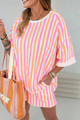 Pink Stripe Drop Shoulder Half Sleeve Loose Tee and Shorts Casual Set