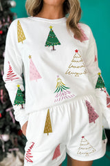 White Christmas Tree Long Sleeve Top and Shorts Pajama Set