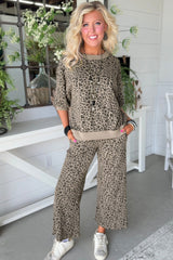 Khaki Jacquard Leopard Half Sleeve Jumper Wide Leg Pant Set