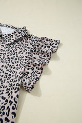 Brown Leopard Half Zipper Collared Ruffle Sleeve Top and Shorts Set