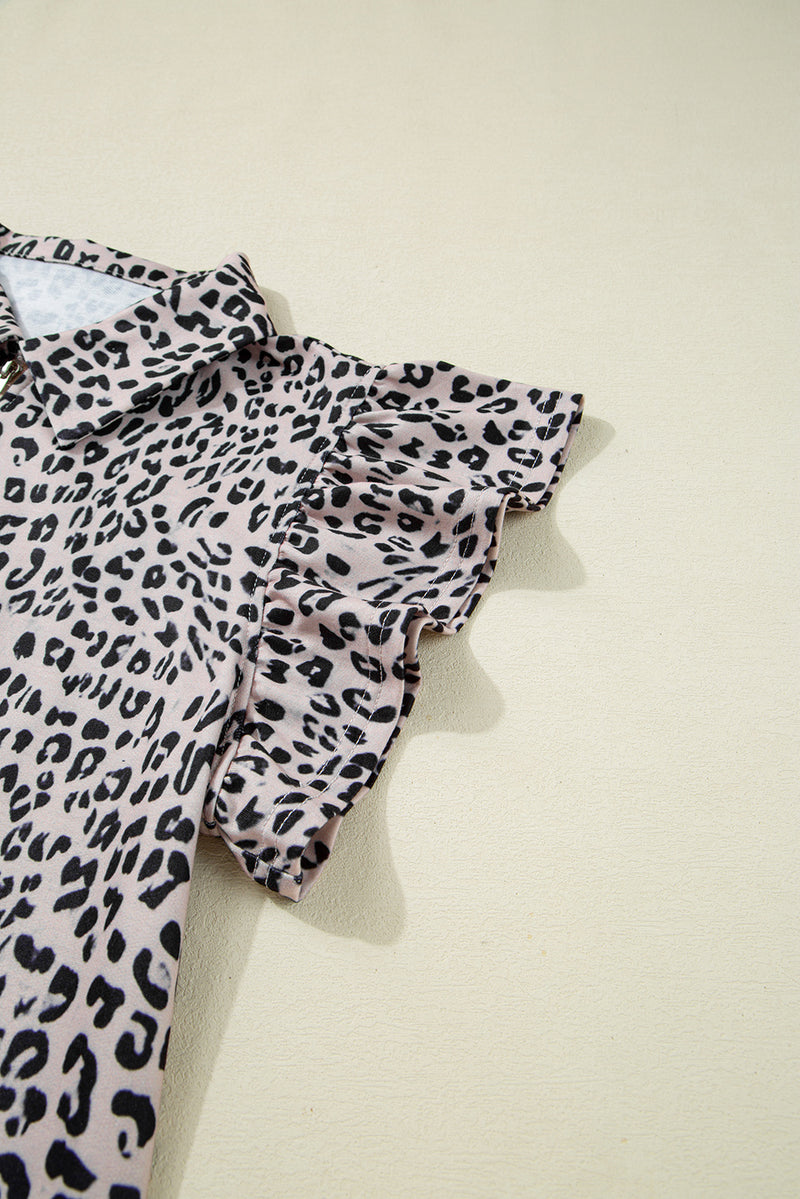 Brown Leopard Half Zipper Collared Ruffle Sleeve Top and Shorts Set