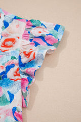 Pink Floral Print Tie V Neck Contrast Detail Ruffle Short Sleeve Blouse