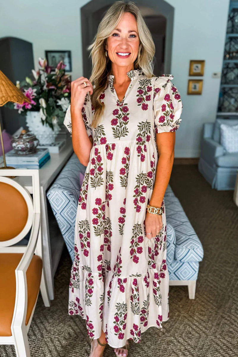 Black Floral Short Bubble Sleeve Tiered Maxi Dress