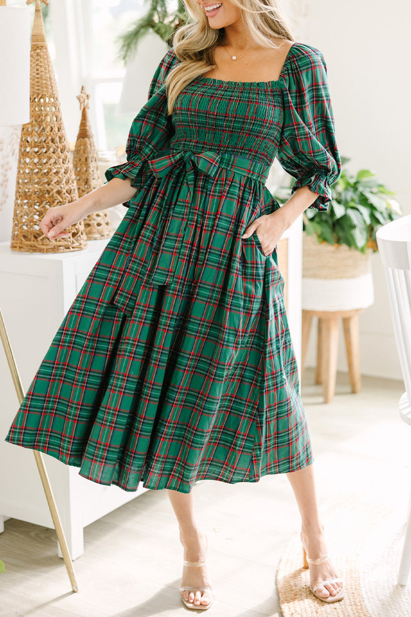 Green Plaid Square Neck Puff Sleeve Bowknot Waist Flared Midi Dress