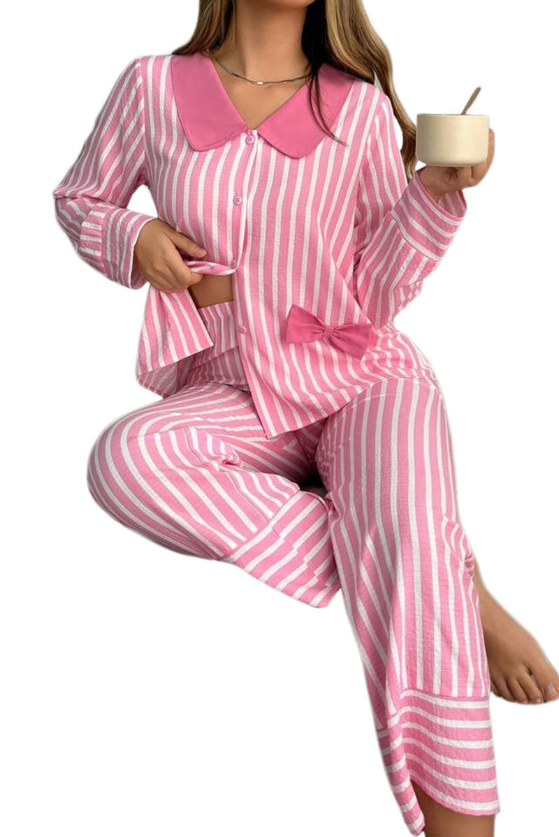 Pink Striped Sweet Bow Decor Peter Pan Collar Pullover Pants Pajama Set