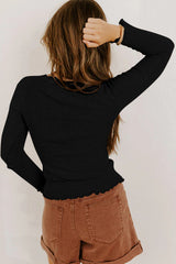 Beige Lace Neckline Button Decor Lettuce Edge Long Sleeve Ribbed Top