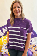 Purple Stripe Raw Edge Patched Pocket Short Sleeve Knit Sweater
