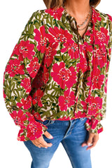 Red Floral Print Lace up V Neck Flounce Sleeve Blouse