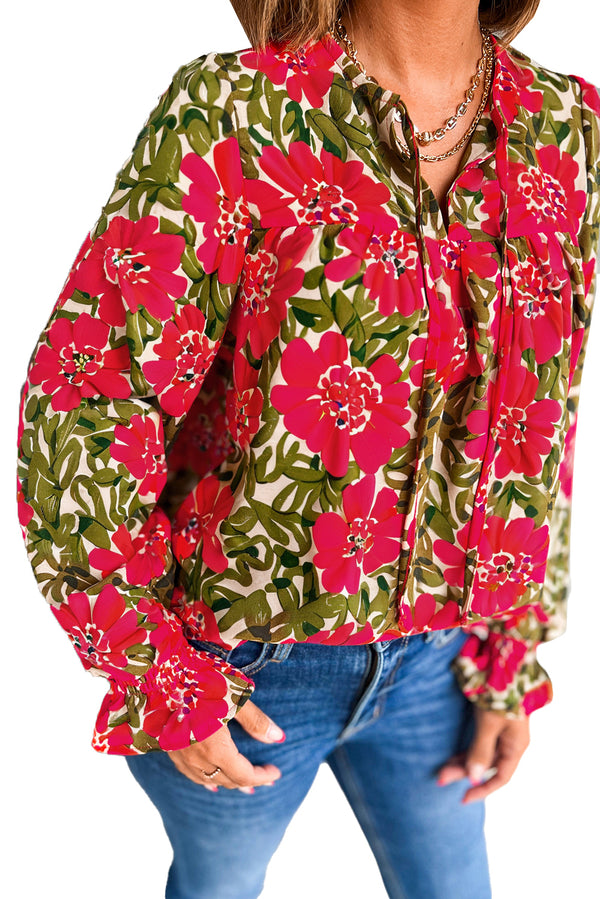 Red Floral Print Lace up V Neck Flounce Sleeve Blouse