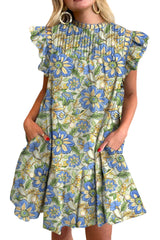 Spinach Green Botanical Floral Print Ruffle Pleated Mini Dress