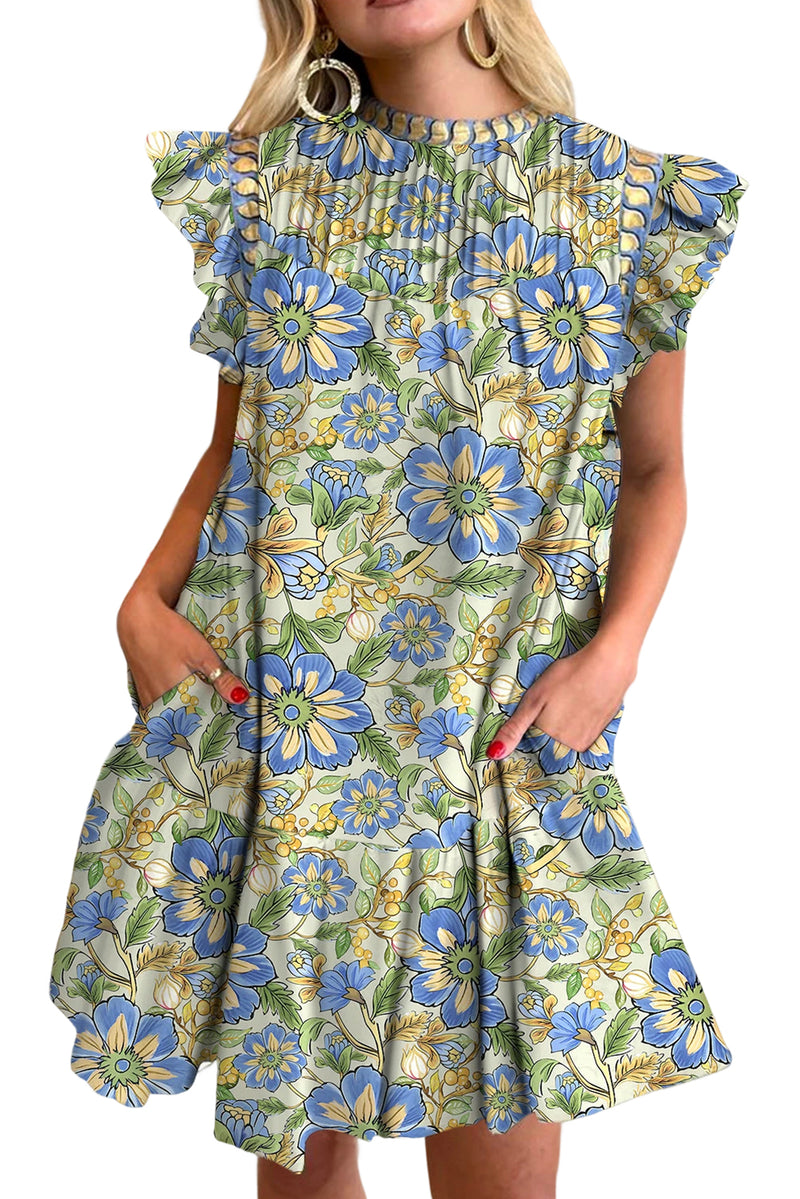 Spinach Green Botanical Floral Print Ruffle Pleated Mini Dress