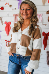 Khaki Checkered Pattern Button V Neck Ribbed Knit Cardigan