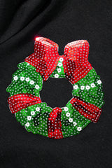 Black Sequin Christmas Graphic Patch Application Crewneck T Shirt