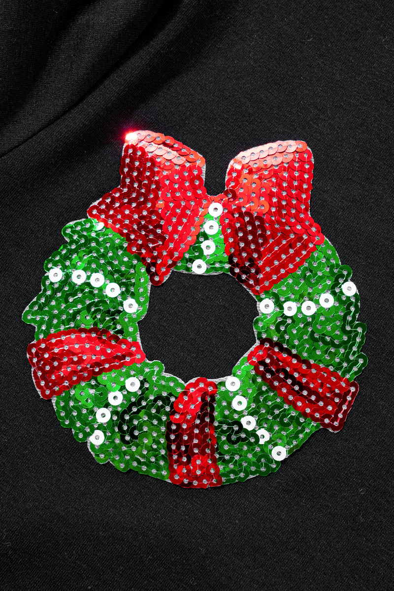 Black Sequin Christmas Graphic Patch Application Crewneck T Shirt