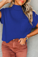 Dark Blue Patch Pocket Ribbed Knit Short Sleeve Sweater