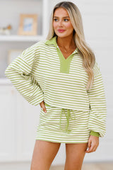 Pink Stripe Collared V Neck Drop Shoulder Pullover and Skirt Set