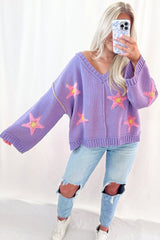 Lavendula Brushed Star Graphic V Neck Drop Shoulder Oversize Sweater