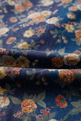 Blue Retro Floral Print Bow Tie V Neck Sleeveless Pleated Loose Denim Romper