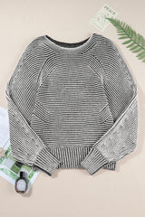 Light French Beige Striped Print Ribbed Knit Raglan Sleeve Baggy Sweater