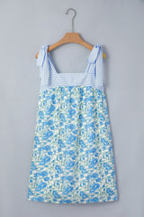 Sky Blue Floral Print Striped Patchwork Bow Knot Straps Mini Dress